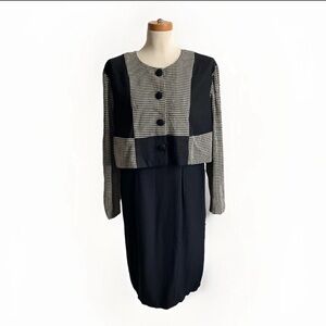Vintage 80s Gemini II Dress Black Cream Check ILGWU USA Suit Midi Size Medium